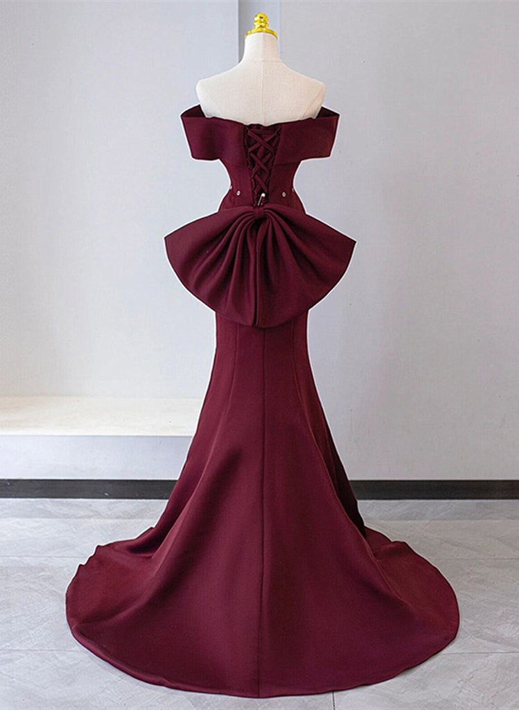 Chic Mermaid Burgundy Satin Off Shoulder Party Dress, Burgundy Long Ev