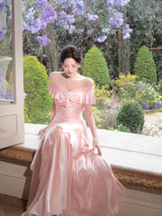 Elegant Pink Off-the-Shoulder Satin Evening Gown,Tiered Ruffle Prom Dr – Cutedressy