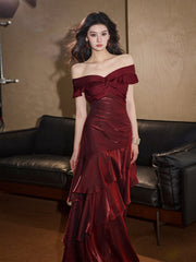 Elegant Off Shoulder Ruched Long Formal Dress, Chic Long Prom Dress with Ruffle Skirt