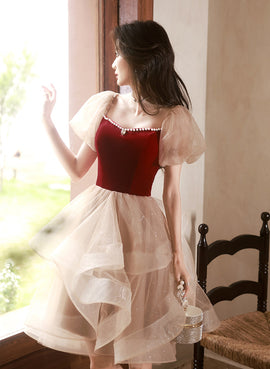 Cute Short Tulle and Velvet Beaded Party Dress, Short Homecoming Dress Prom Dress