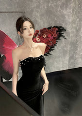 Black Sweetheart Strapless Long Formal Dress Evening Dress, Black Velvet Prom Dress