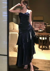 Navy Blue Satin Mermaid Straps Evening Dress, Navy Blue Long Prom Dress Evening Dress