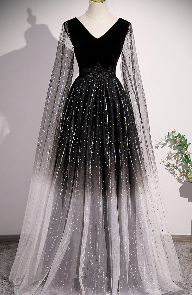 Black Gradient Tulle V-neckline Long Beaded Prom Dress, Black Party Dr Cutedressy Black Gradient Tulle V-neckline Long Beaded Prom Dress, Black Party Dr Cutedressy