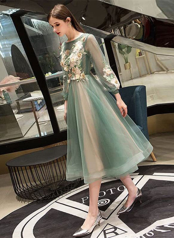 Green Round Neckline Tea Length Floral Wedding Party Dress, Green Prom Cutedressy Green Round Neckline Tea Length Floral Wedding Party Dress, Green Prom Cutedressy