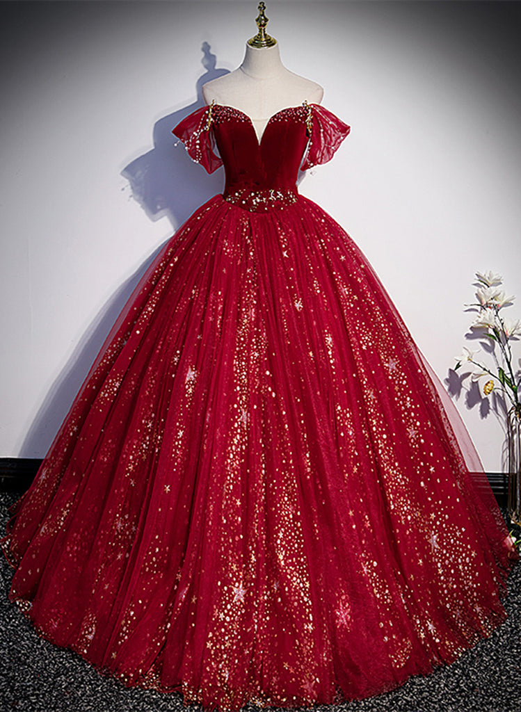 Wine Red Off Shoulder Beaded Long Velvet Party Dress, Wine Red Prom Dress main image 1