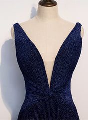 A-line Simple Navy Blue Long Evening Dress, Navy Blue V-neckline Prom Dress