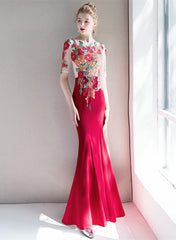 Red Mermaid Round Neckline Long Party Dress, Red Long Evening Dress Prom Dress