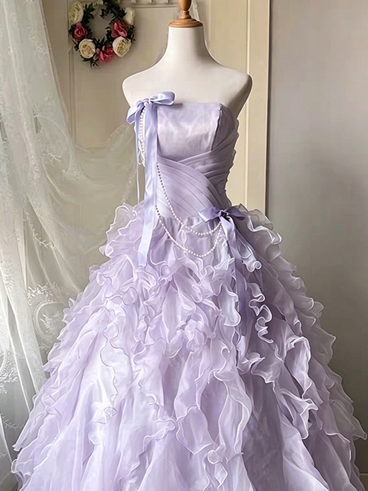 Lavender Fairy Corset Ball Gown Formal Dress, Strapless Ruffled Tiered Long Prom Dress