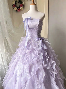 Lavender Fairy Corset Ball Gown Formal Dress, Strapless Ruffled Tiered Long Prom Dress