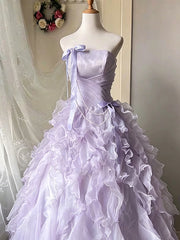 Lavender Fairy Corset Ball Gown Formal Dress, Strapless Ruffled Tiered Long Prom Dress