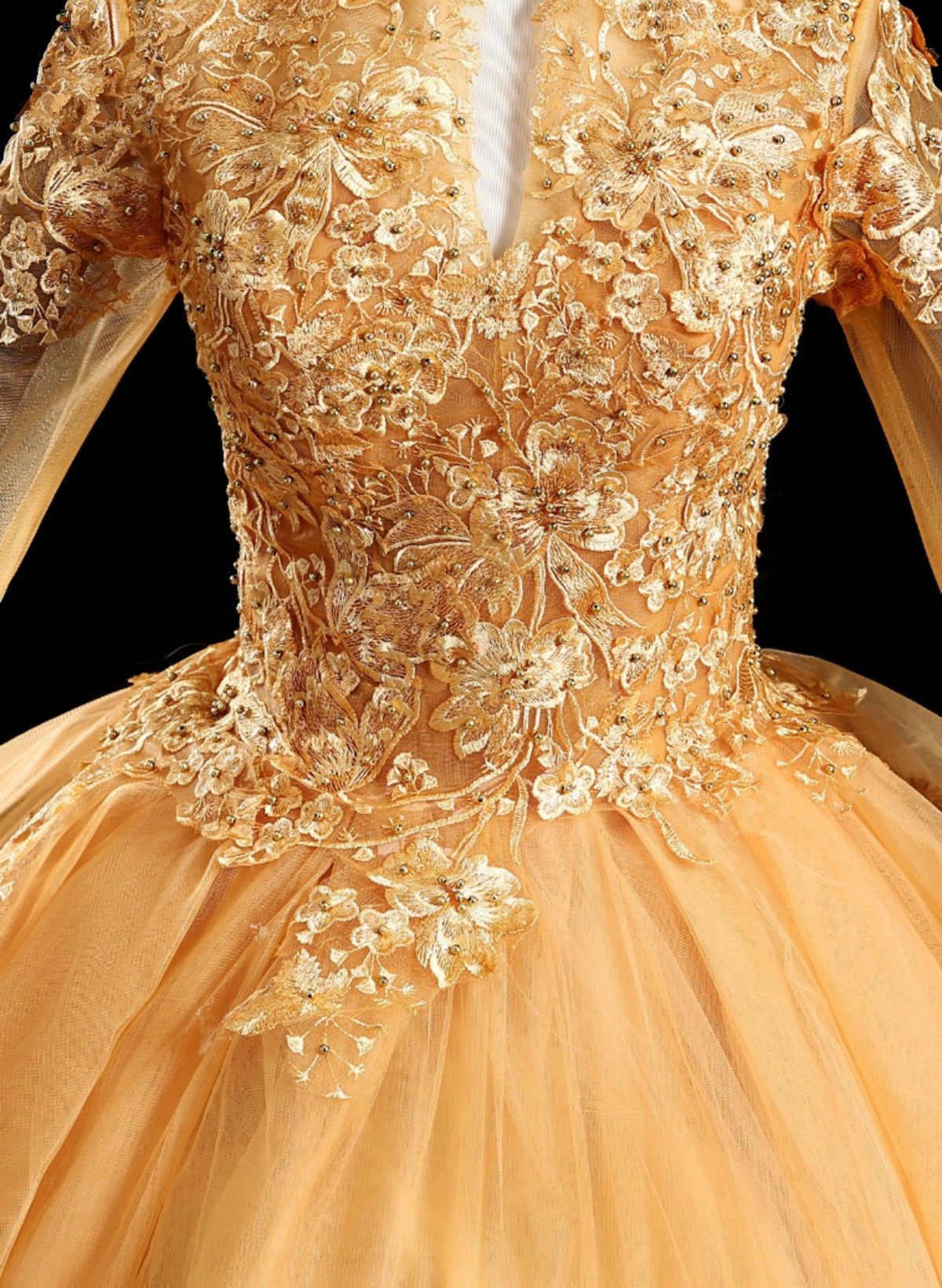 Gold Tulle Long Sleeves Lace Applique Formal Dress, Ball Gown Sweet 16 Cutedressy Gold Tulle Long Sleeves Lace Applique Formal Dress, Ball Gown Sweet 16 Cutedressy