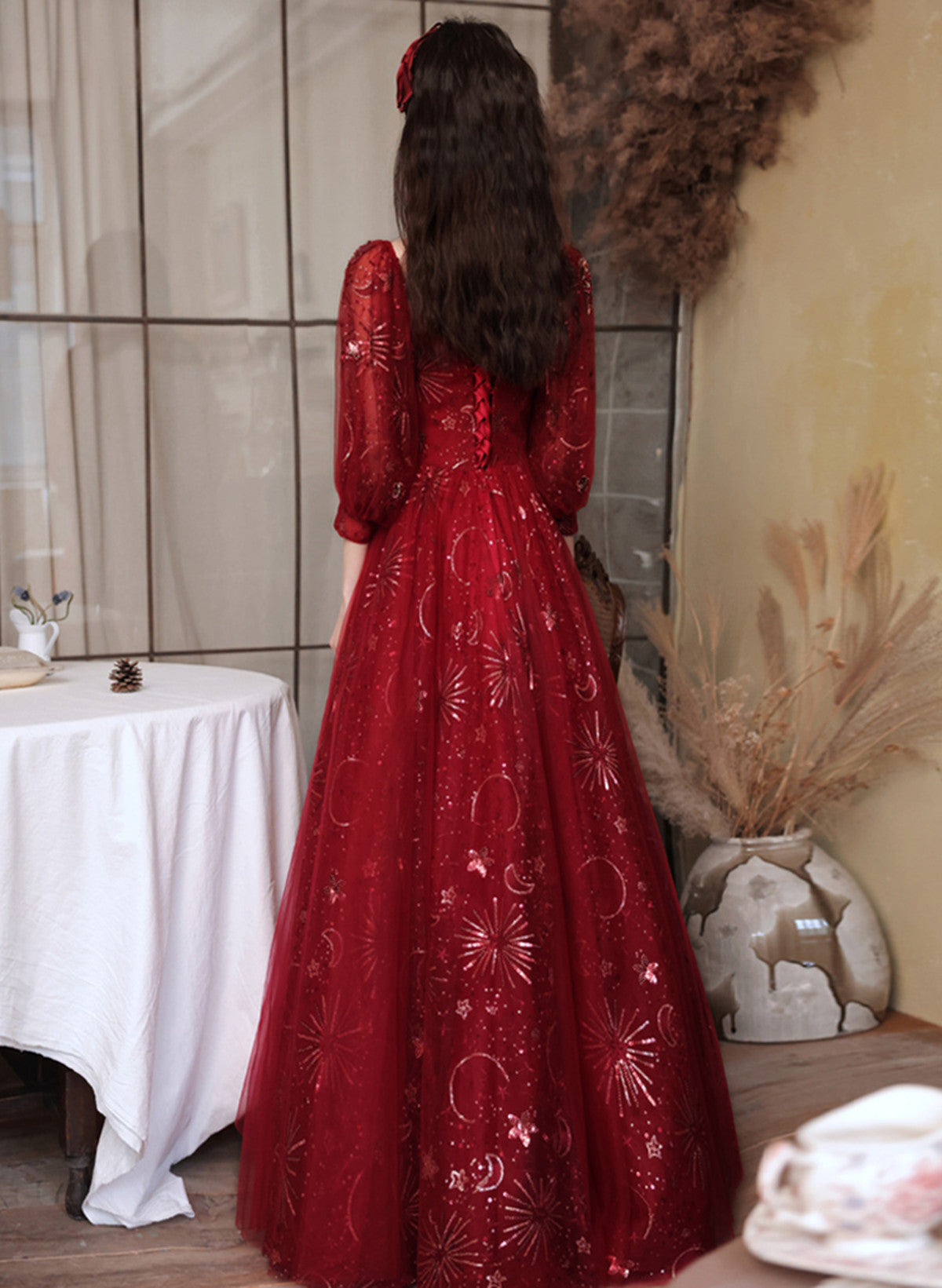 Wine Red Puffy Sleeves Sweetheart Party Dress,Wine Red Long Prom Dress Wine Red Puffy Sleeves Sweetheart Party Dress,Wine Red Long Prom Dress
