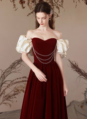 A-line Velvet Wine Red Sweetheart Off Shoulder Prom Dress, Wine Red Party Dress