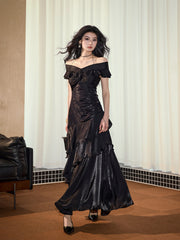Elegant Off Shoulder Ruched Long Formal Dress, Chic Long Prom Dress with Ruffle Skirt