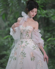 White Tulle with Lace Off Shoulder Long Formal Dress, White Long Wedding Party Dress