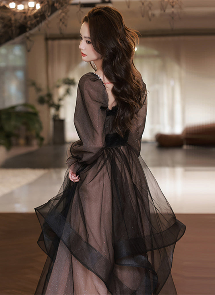 Black Long Sleeves Tulle Sweetheart Party Dress, A-line Black Evening