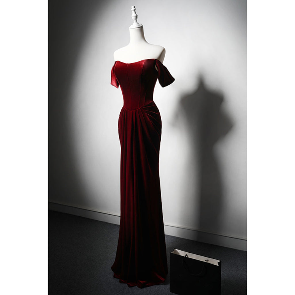 Wine Red Velvet Mermaid Off Shoulder Evening Dress, Wine Red Velvet Prom Dress