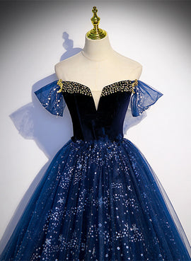 Navy Blue Sweetheart Tulle Floor Length Prom Dress, Navy Blue Evening Dress