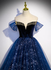 Navy Blue Sweetheart Tulle Floor Length Prom Dress, Navy Blue Evening Dress