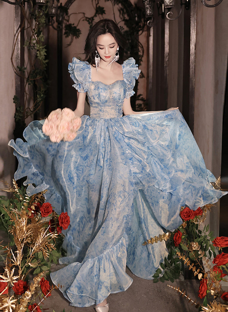 Pretty Light Blue Floral Short Sleeves Long Prom Dress, Light Blue Eve