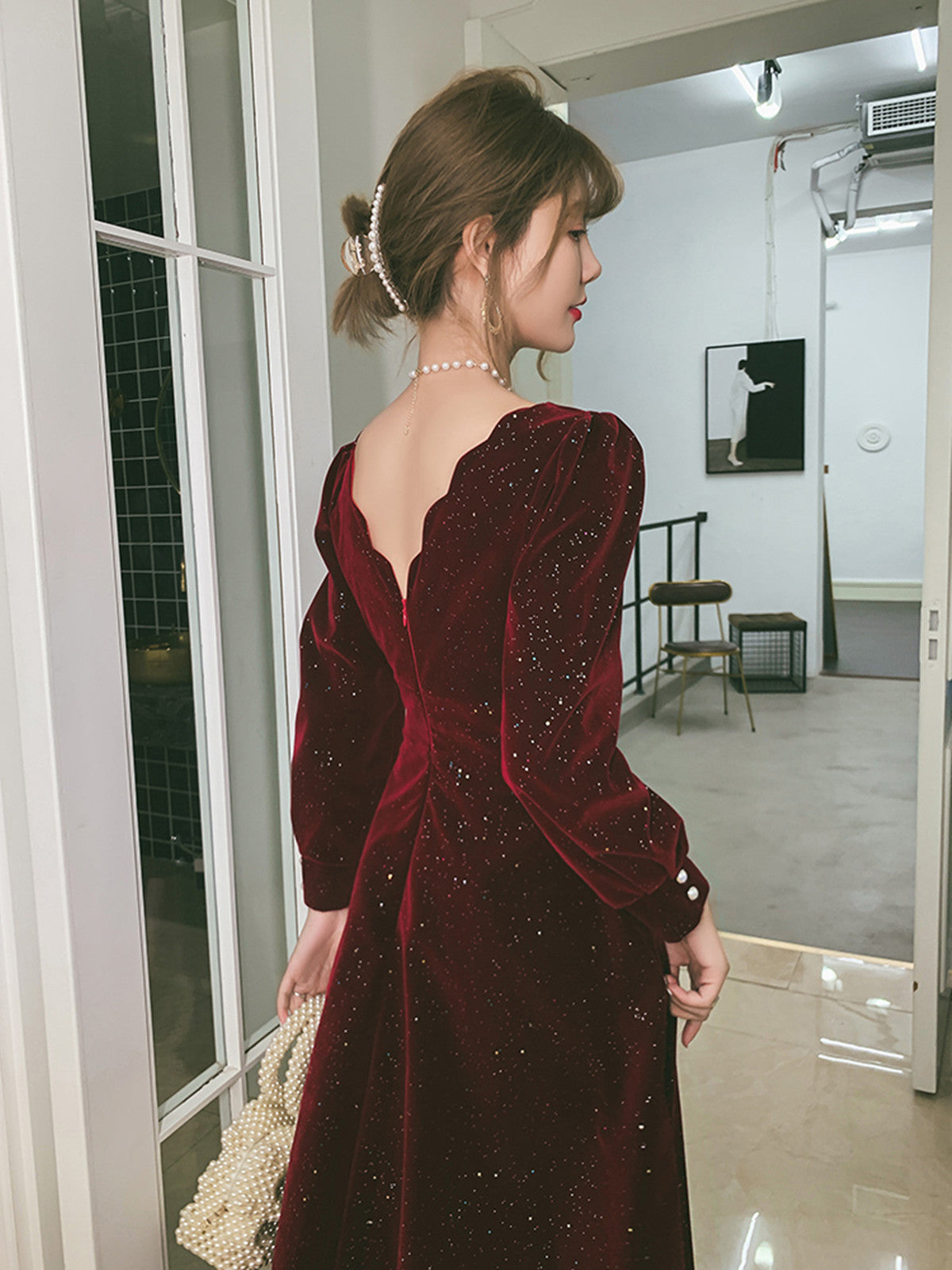 Wine Red Velvet Tea Length Long Sleeves Party Dress, Wine Red Homecomi Cutedressy Wine Red Velvet Tea Length Long Sleeves Party Dress, Wine Red Homecomi Cutedressy