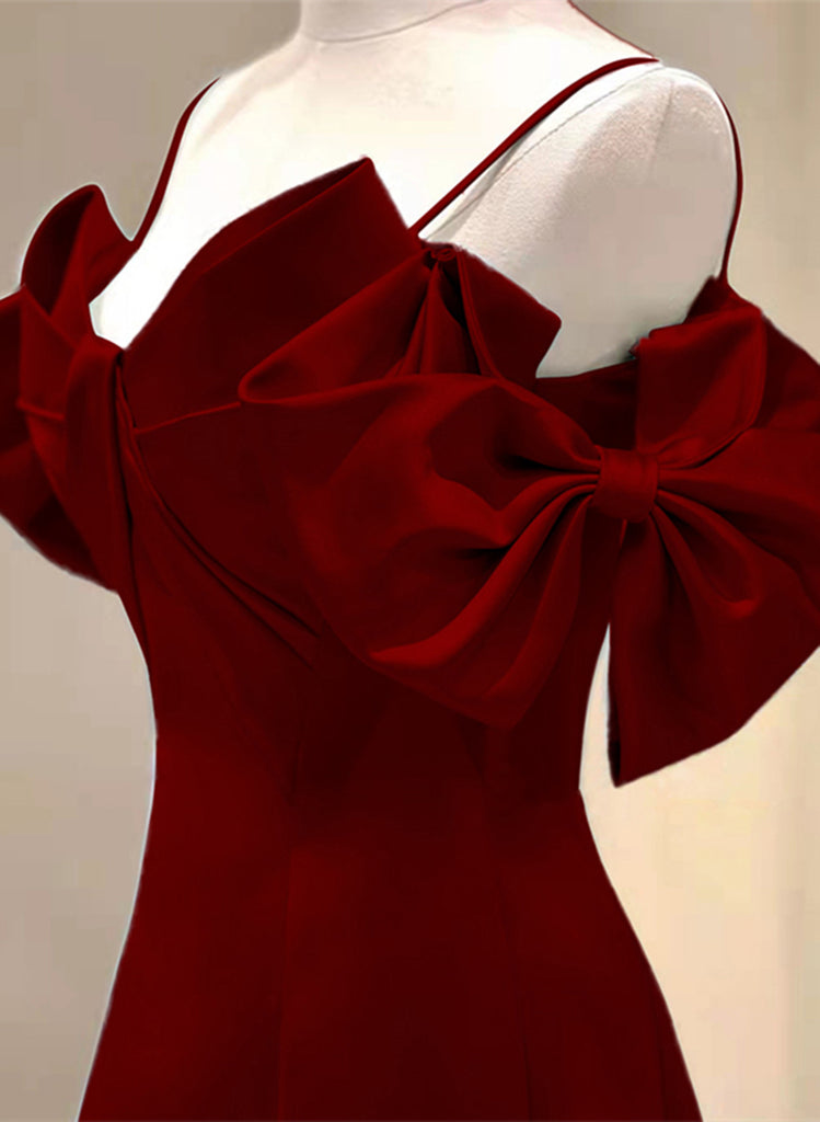 Wine Red Sweetheart Satin Long Formal Dress, Short Sleeves Wine Red Prom Dress
