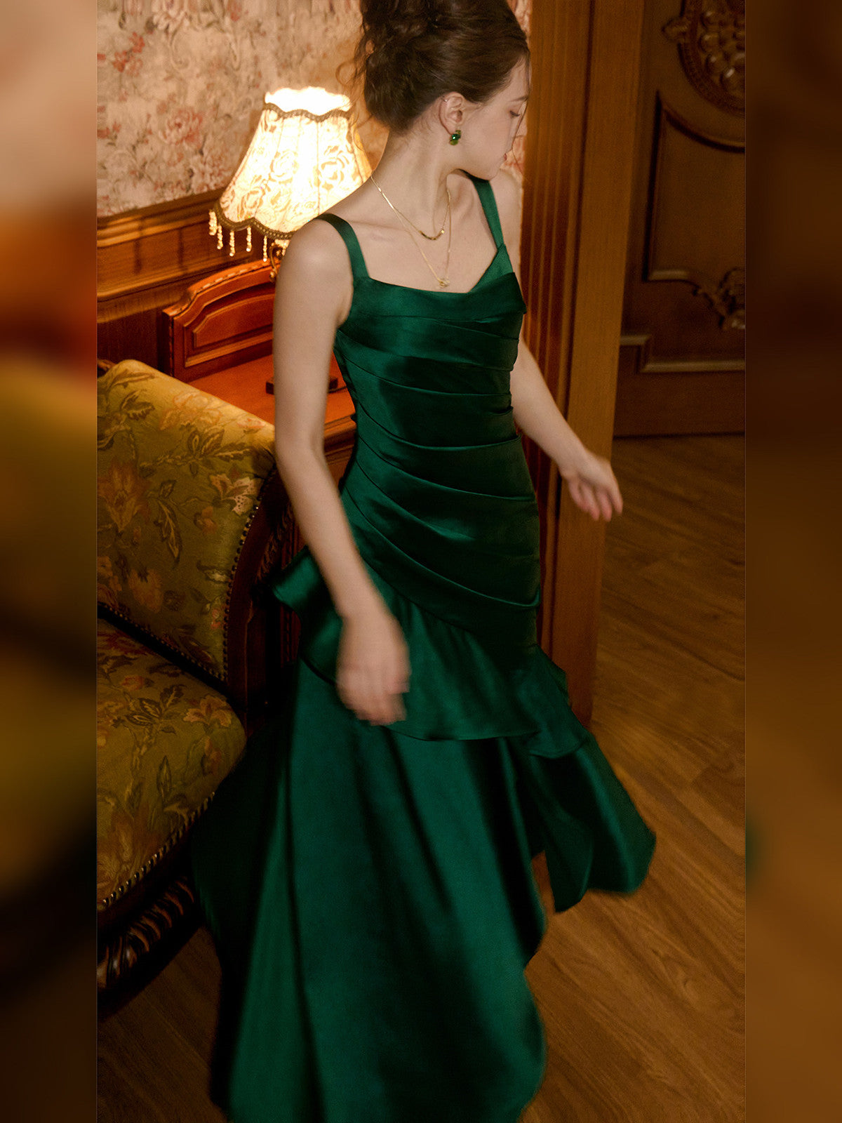 Lovely Green Satin Prom Dress Long Ruffle Evening Gown, Spaghetti Straps Formal Party Dress