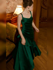 Lovely Green Satin Prom Dress Long Ruffle Evening Gown, Spaghetti Straps Formal Party Dress