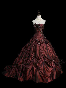 Wine Red Strapless Floral Applique Ball Gown Taftta Prom Dress, Wine Red Long Quinceanera Dress