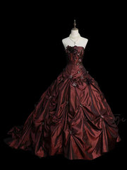 Wine Red Strapless Floral Applique Ball Gown Taftta Prom Dress, Wine Red Long Quinceanera Dress
