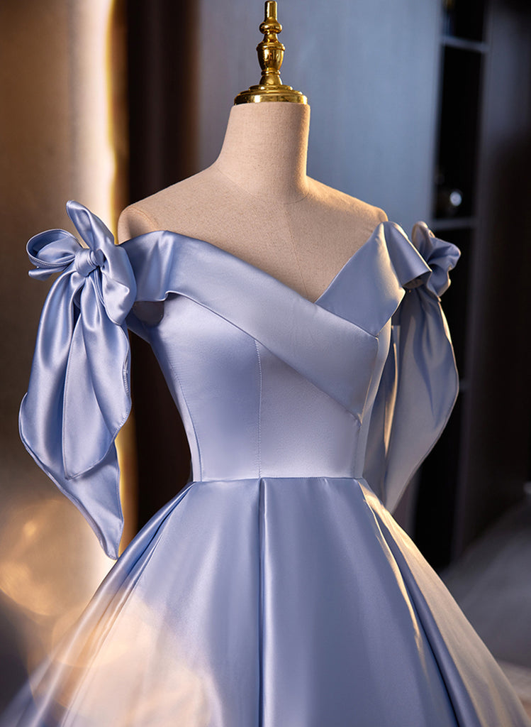 Glam Blue Satin Off Shoulder Long Party Dress Formal Dress, Blue Sweet