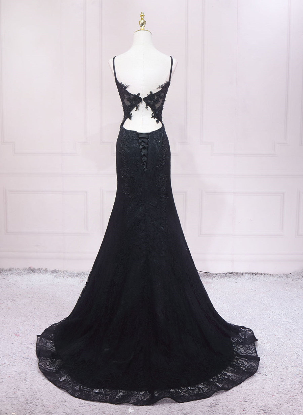 Black Lace Mermaid Straps Sweetheart Evening Dress, Black Long Prom Dress