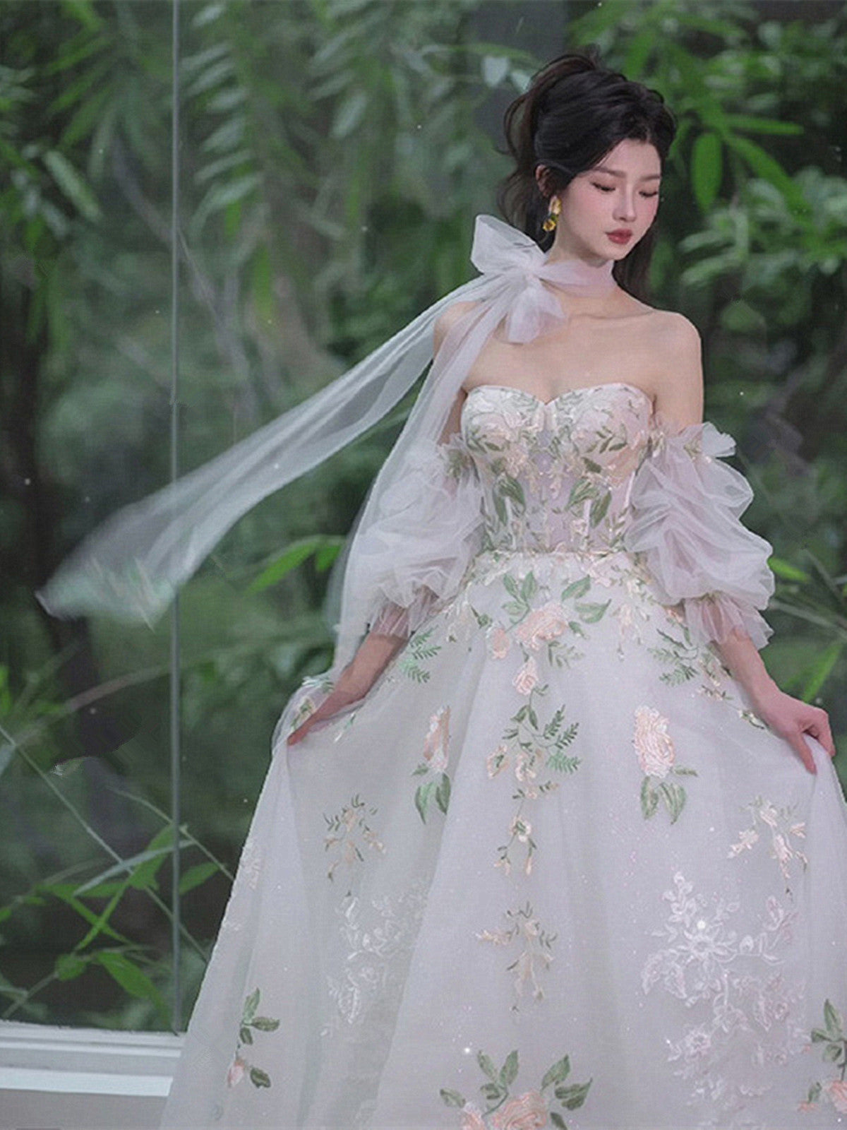 White Tulle with Lace Off Shoulder Long Formal Dress, White Long Wedding Party Dress