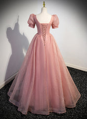 Pink Sweetheart Tulle Short Sleeves Party Dress, Pink Floor Length Formal Dress