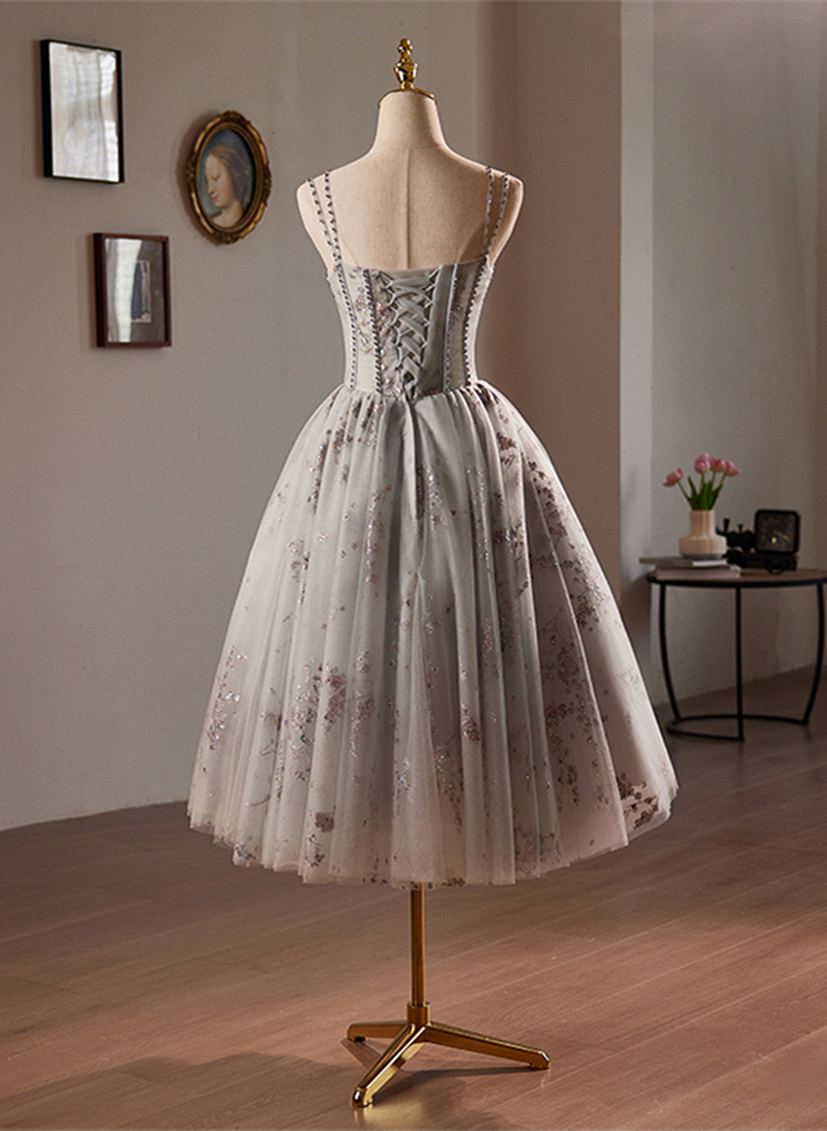 A-line Grey Knee Length Beaded Homecoming Dress, Grey Tulle Short Prom Cutedressy A-line Grey Knee Length Beaded Homecoming Dress, Grey Tulle Short Prom Cutedressy