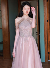 Pink Haler Tulle Beaded A-line Prom Dress, Pink Tulle Evening Dress Party Dress
