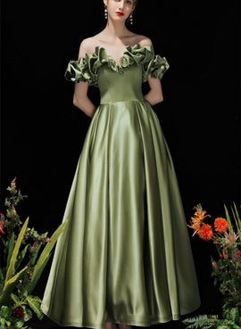 Green Satin Off Shoulder Long Evening Dress, Green Prom Dress Party Dress