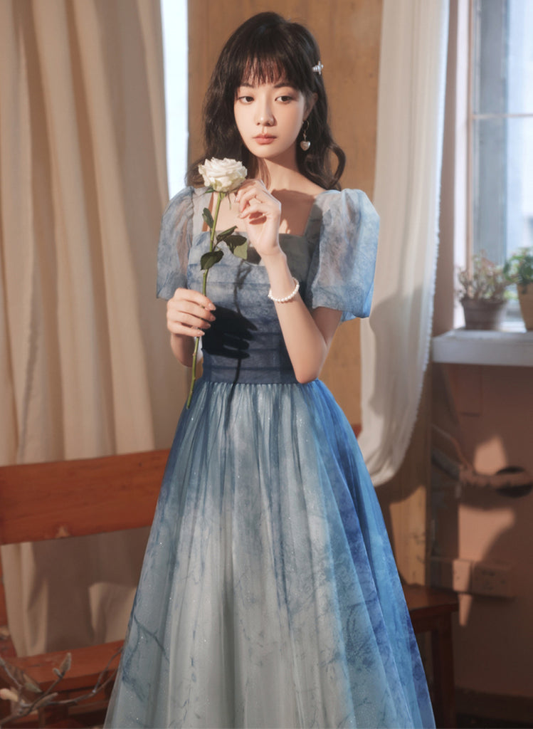 Blue Short Sleeves Gradient Tulle Long Party Dress, Blue Long Formal D