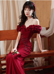 Wine Red Off Shoulder Beaded Mermaid Long Formal Dress, Wine Red Long Prom Dress