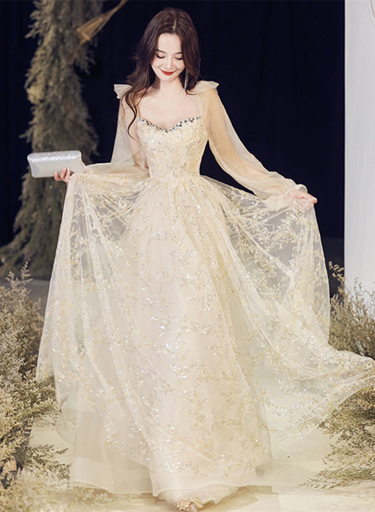 Champagne Long Sleeves Tulle Sweetheart Prom Dress, A-line Tulle Eveni