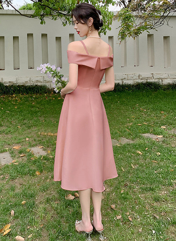 Cute Pink Tea Length Off Shoulder Wedding Party Dress, Pink Short Party Dress