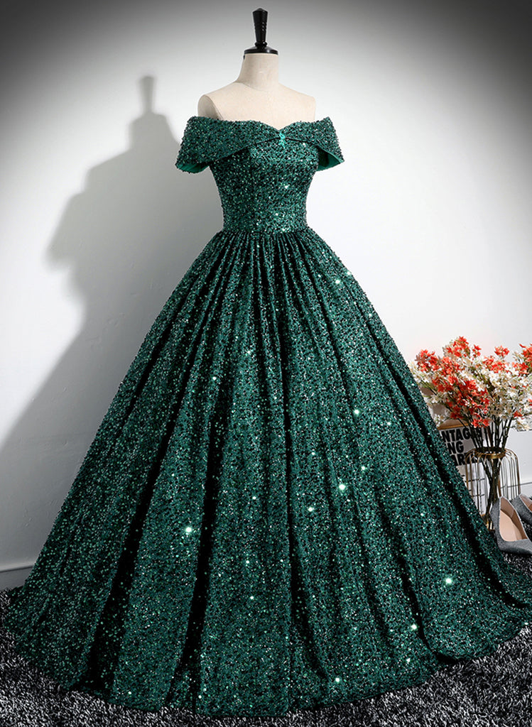 Dark Green Sequins Off Shoulder Ball Gown Party Dress, Dark Green Form