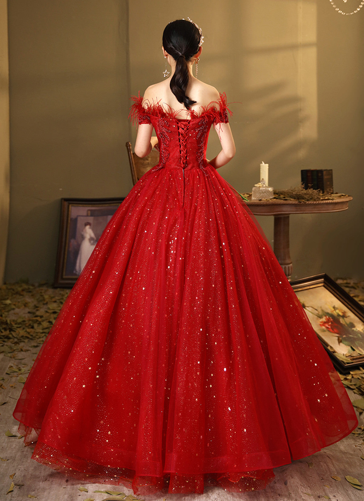 Red Scoop Ball Gown Shiny Tulle Off Shoulder Party Dress, Red Sweet 16 Dress Formal Dress Red Scoop Ball Gown Shiny Tulle Off Shoulder Party Dress, Red Sweet 16 Dress Formal Dress