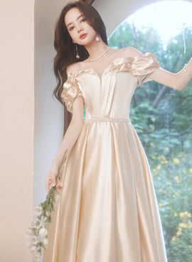 Light Champagne Satin Sweetheart Beaded Party Dress, A-line Satin Prom Dress