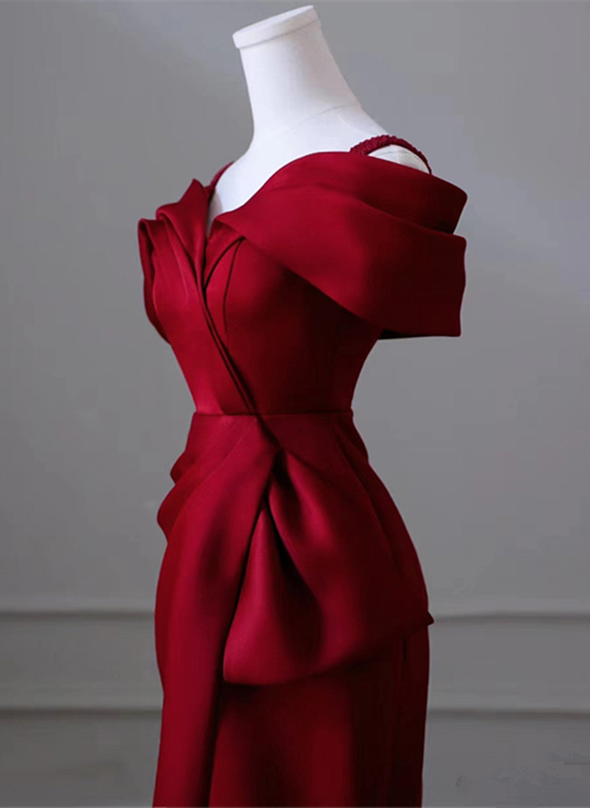 Wine Red Satin Mermaid Long Straps Long Party Dress, Wine Red Off Shou Cutedressy Wine Red Satin Mermaid Long Straps Long Party Dress, Wine Red Off Shou Cutedressy