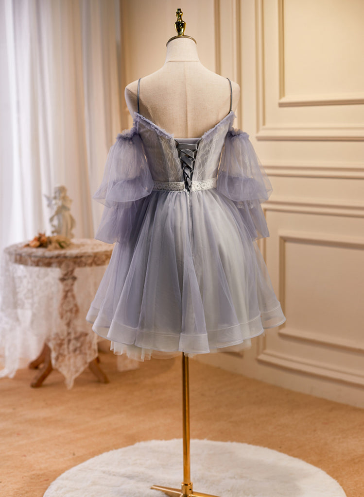 Cute Off Shoulder Tulle and Lace Straps Homecoming Dress, Short Prom D