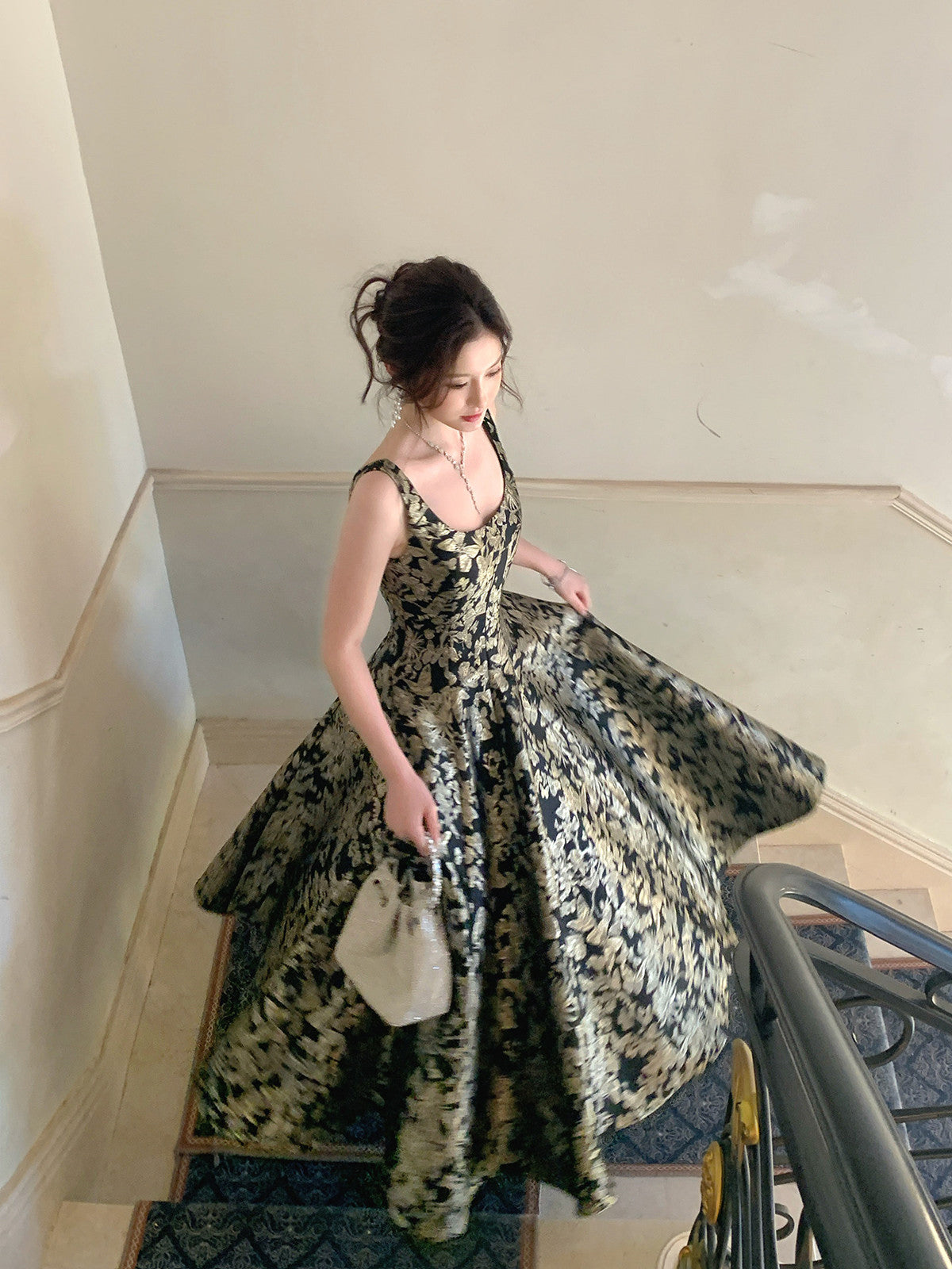 Black Floral A-Line Floor Length  Prom Dress, Black Scoop Neckline Long Party Dress