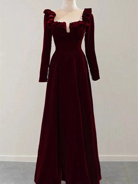 Wine Red Velvet A-line Long Sleeves Party Dress, Wine Red Beaded Prom Dress Evening Dress