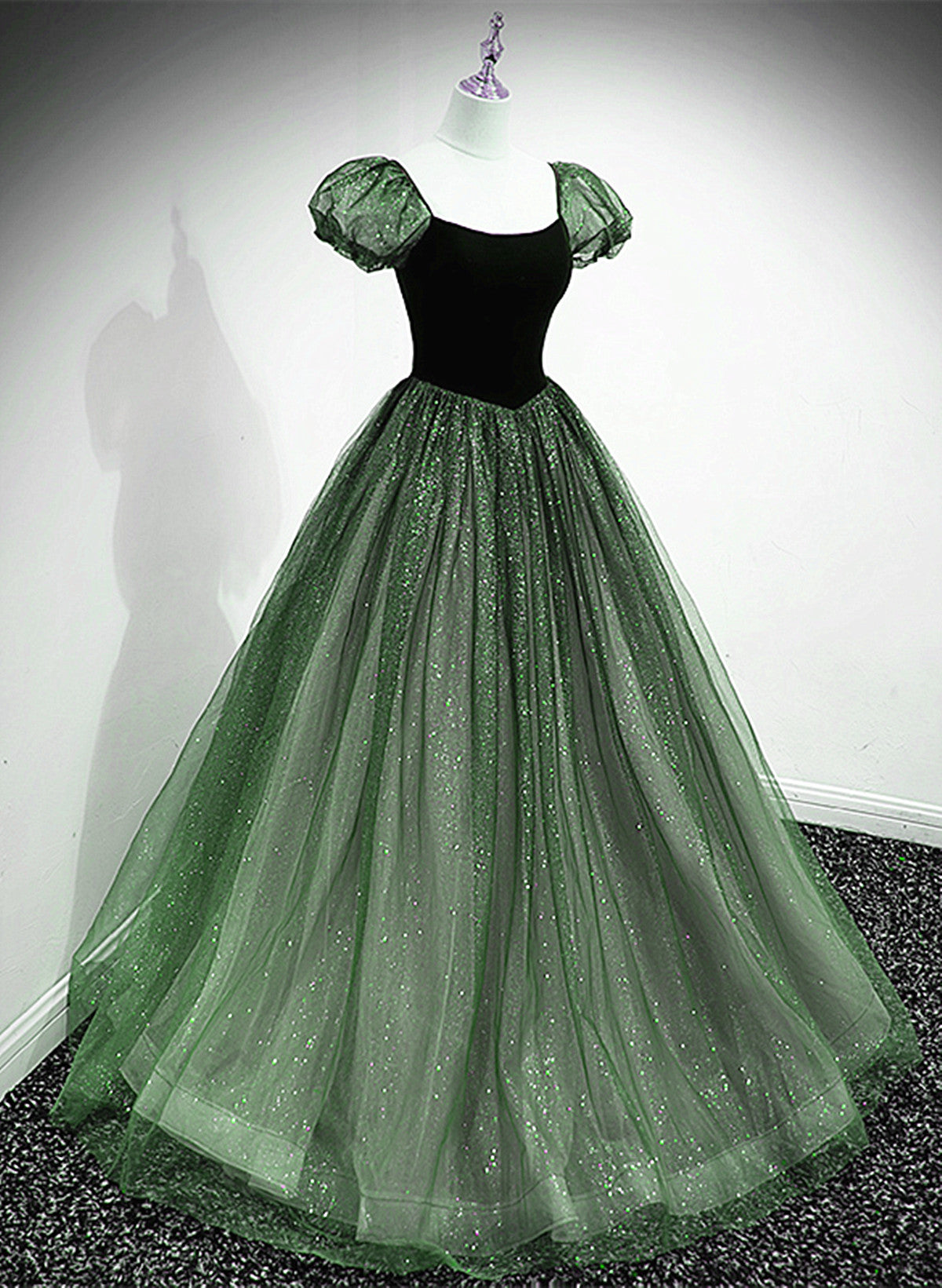 Green Shiny Tulle Short Sleevse Long Formal Dress, Green A-line Prom D Cutedressy Green Shiny Tulle Short Sleevse Long Formal Dress, Green A-line Prom D Cutedressy