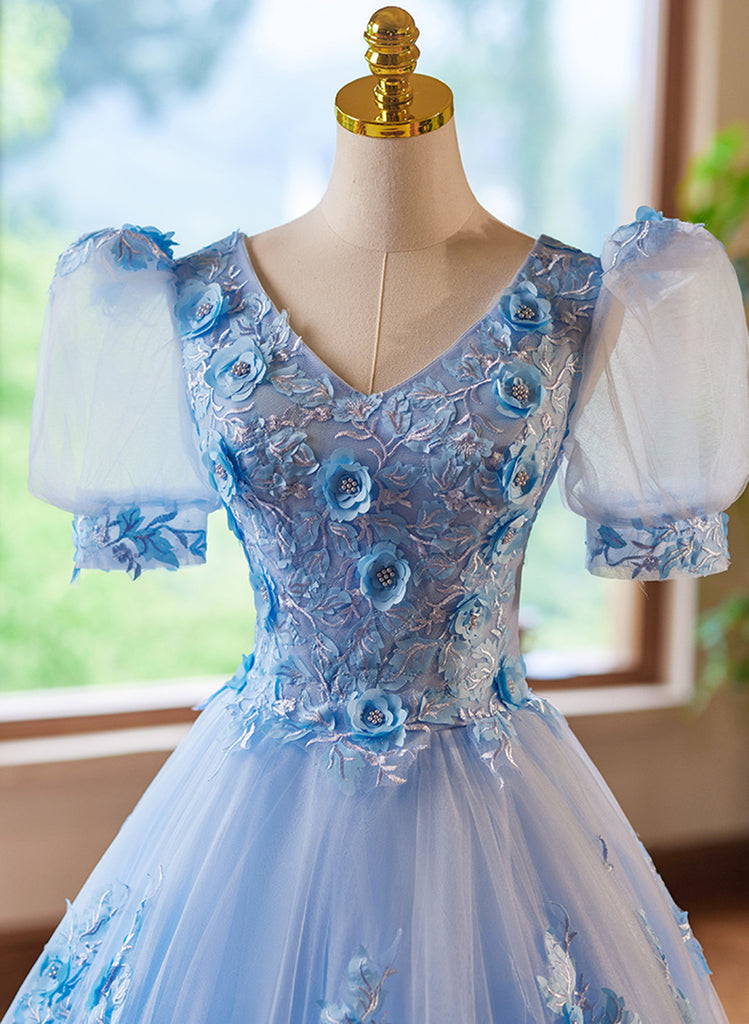 A-line Light Blue Tulle with Lace Short Sleeves Prom Dress, Tulle Even